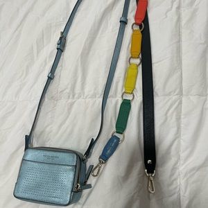 Metallic blue crossbody bag with two straps